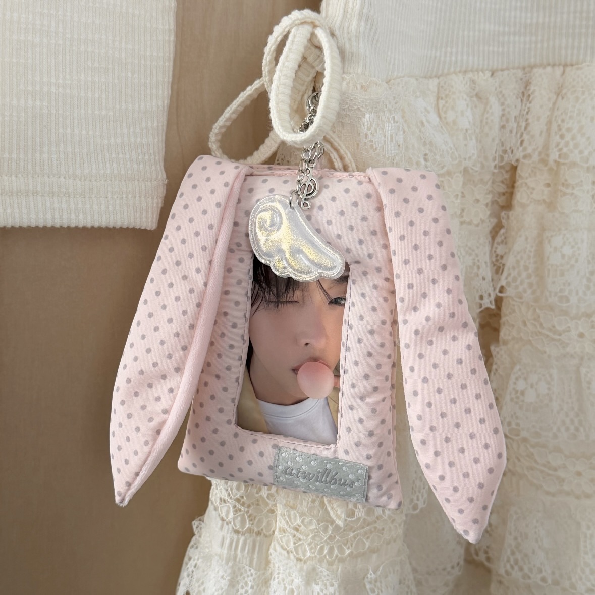 韩系波点兔耳朵卡套ins高颜值追星3寸小卡拍立得收纳包包挂件装饰