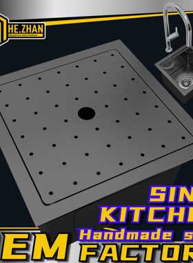 隐藏式黑色单槽304不锈钢手工水槽盖板小水槽台阶盘拉丝圆角台上