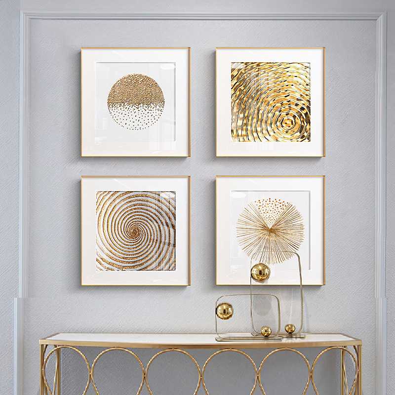 现代轻奢客厅装饰画金色流年挂画玄关铝合金卡纸相框画四联墙画