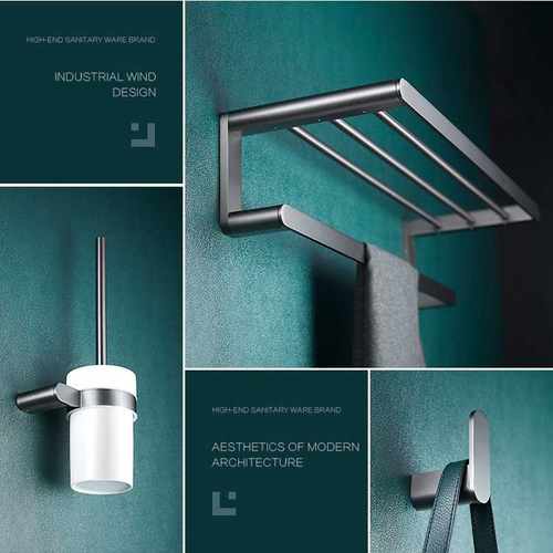 枪灰色全铜毛巾架浴室浴巾架套装卫生间壁挂置物架收纳架单杆衣钩