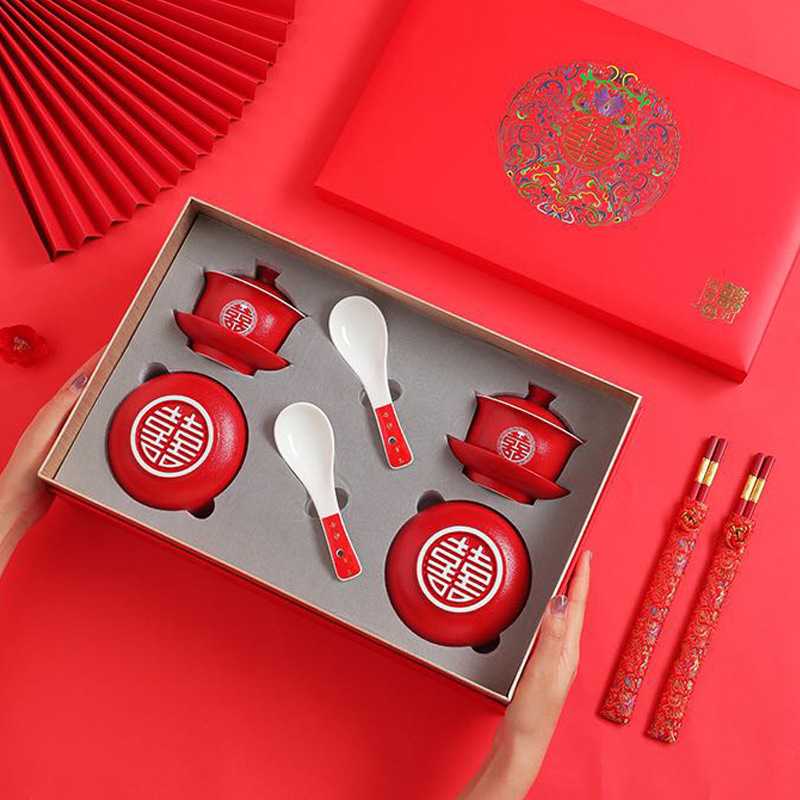 结婚敬茶杯喜庆陶瓷茶具红色三才盖碗敬茶碗喜字婚礼婚庆用品