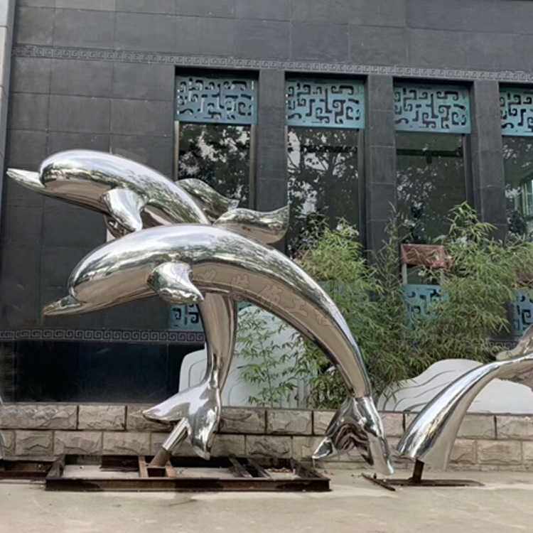 大型不锈钢海豚雕塑户外广场镂空鲸鱼镜面白钢房地产景观摆件雕像