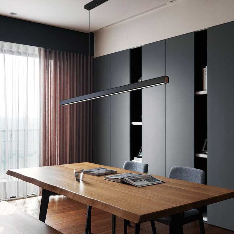 办公长条吊灯实木简约LED书桌办公灯北欧一字极简铝材实木餐厅灯