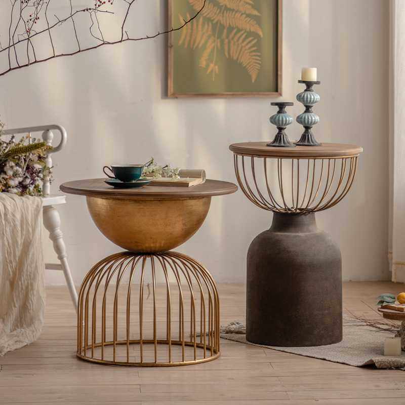 复古金色做旧大小圆桌子套装文艺客厅实木小茶桌 格调阳台茶几