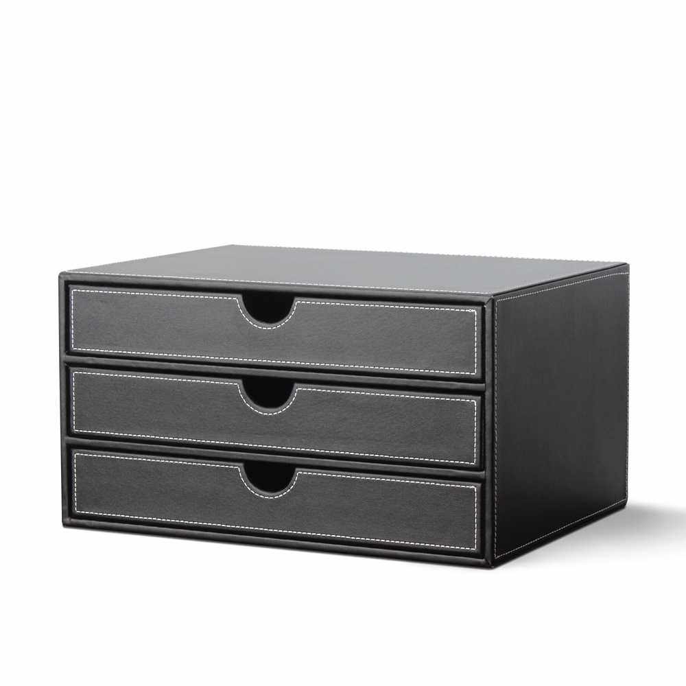 欧式商务皮革桌面整理收纳盒 文具储物抽屉式资料柜 办公用品