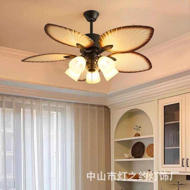 法式中古风客厅风扇灯家用大风力东南亚南洋复古芭蕉叶餐厅吊扇灯