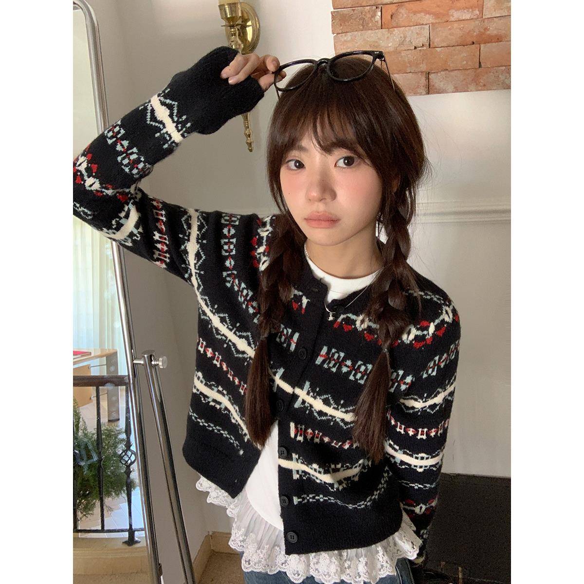 费尔岛穿搭氛围感长袖针织女2025年春秋季高级感提花开衫毛衣外套
