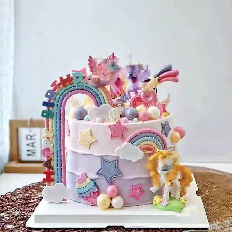 彩虹马蛋糕装饰摆件软陶软胶彩虹插件小马小公主甜品台烘焙台摆件