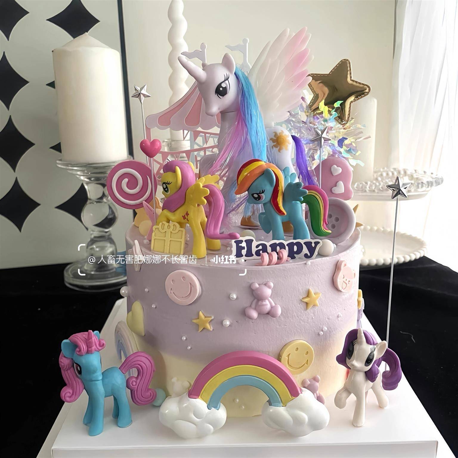 网红小马蛋糕装饰摆件独角兽彩虹木马小马摆件公主女孩甜品台插件