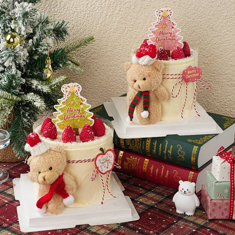 2026圣诞节草莓蛋糕装饰摆件毛绒小熊圣诞树路牌节日甜品烘焙插件