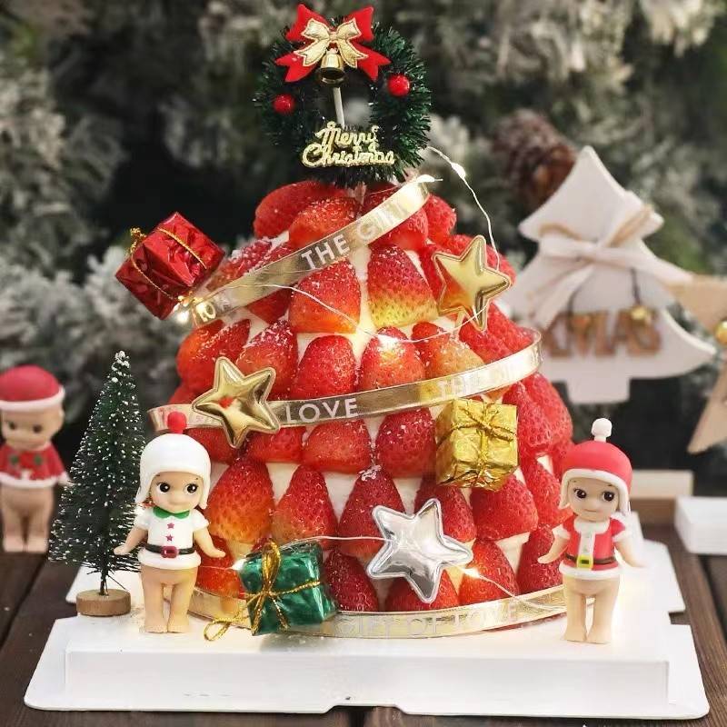 圣诞节草莓塔蛋糕装饰雪花圣诞宝宝摆件草圈叶子圣诞树插件丝带