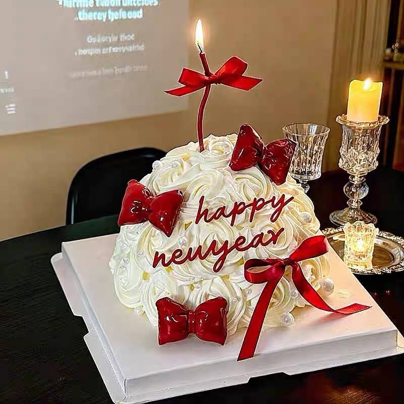 2026新年跨年蛋糕装饰亚克力摆件皮质立体蝴蝶结丝带甜品装扮插件