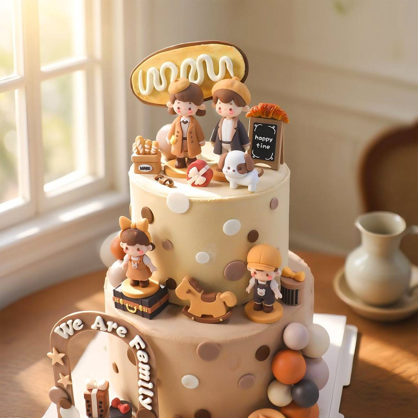 卡通棕色系情侣玩偶宠物小狗小猫摆件休闲装男孩女孩蛋糕装饰插牌