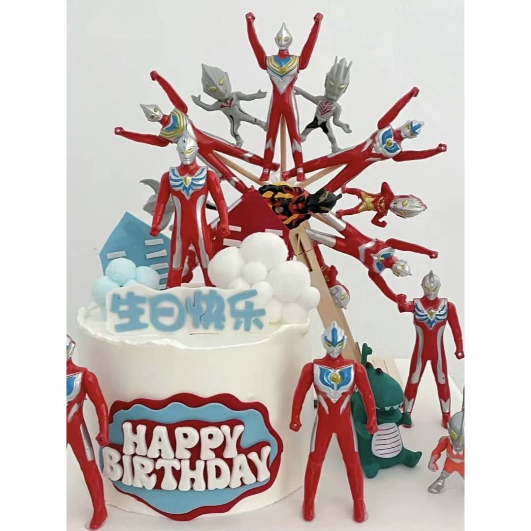 彩虹烘焙馆男孩生日蛋糕装饰摆件红色迪迦奥特曼音乐蜡烛电动旋转