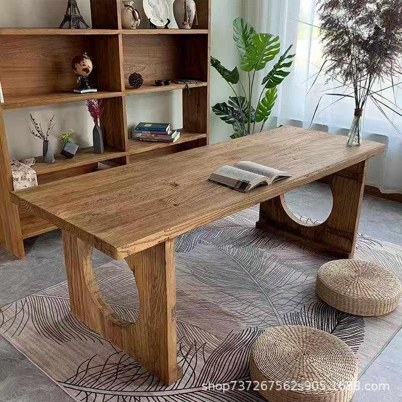 中式老榆木复古餐桌风化纹理会客桌榆木原板木材茶桌民宿禅意吧台