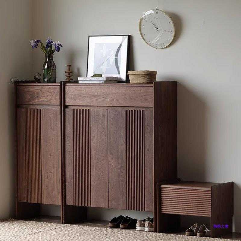 北美黑胡桃木实木鞋柜复古入户门厅玄关柜双开门收纳储物柜换鞋凳