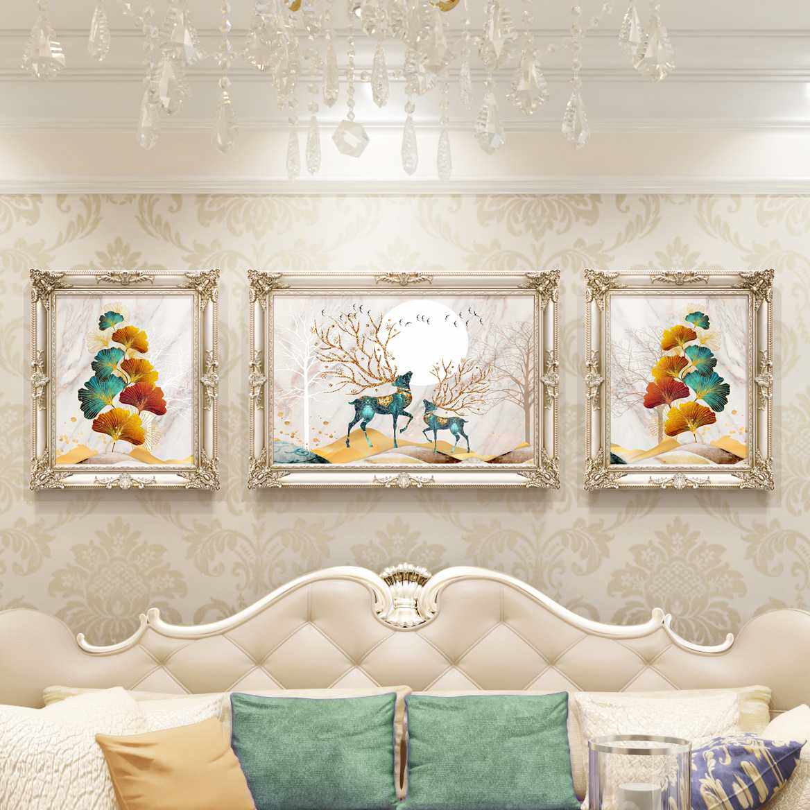 客厅装饰画沙发背景墙现代美式挂画孔雀油画大气三联壁画简欧