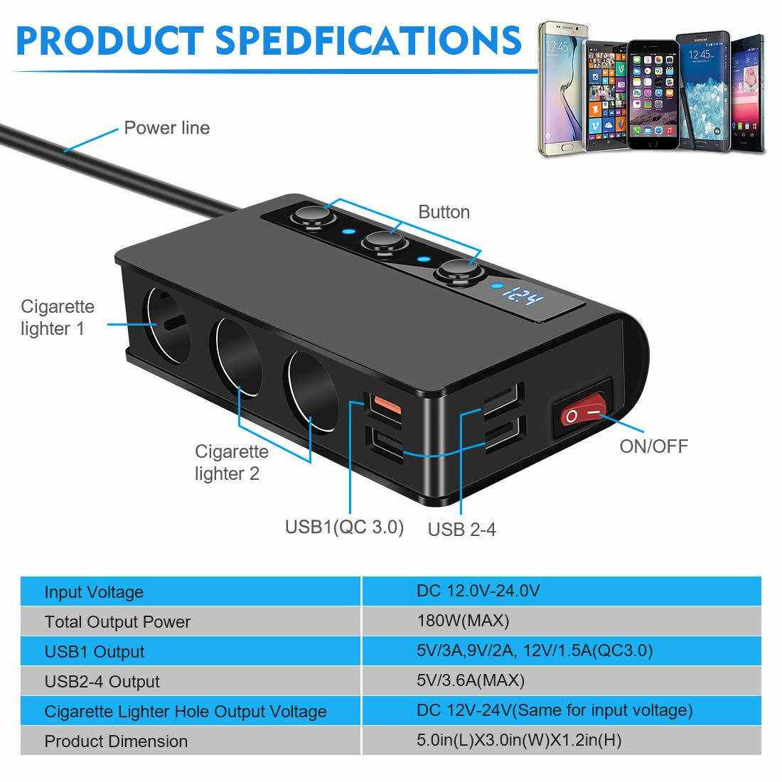 QC3.0快充车载点烟器一拖三180W大功率4口usb车载手机充电器