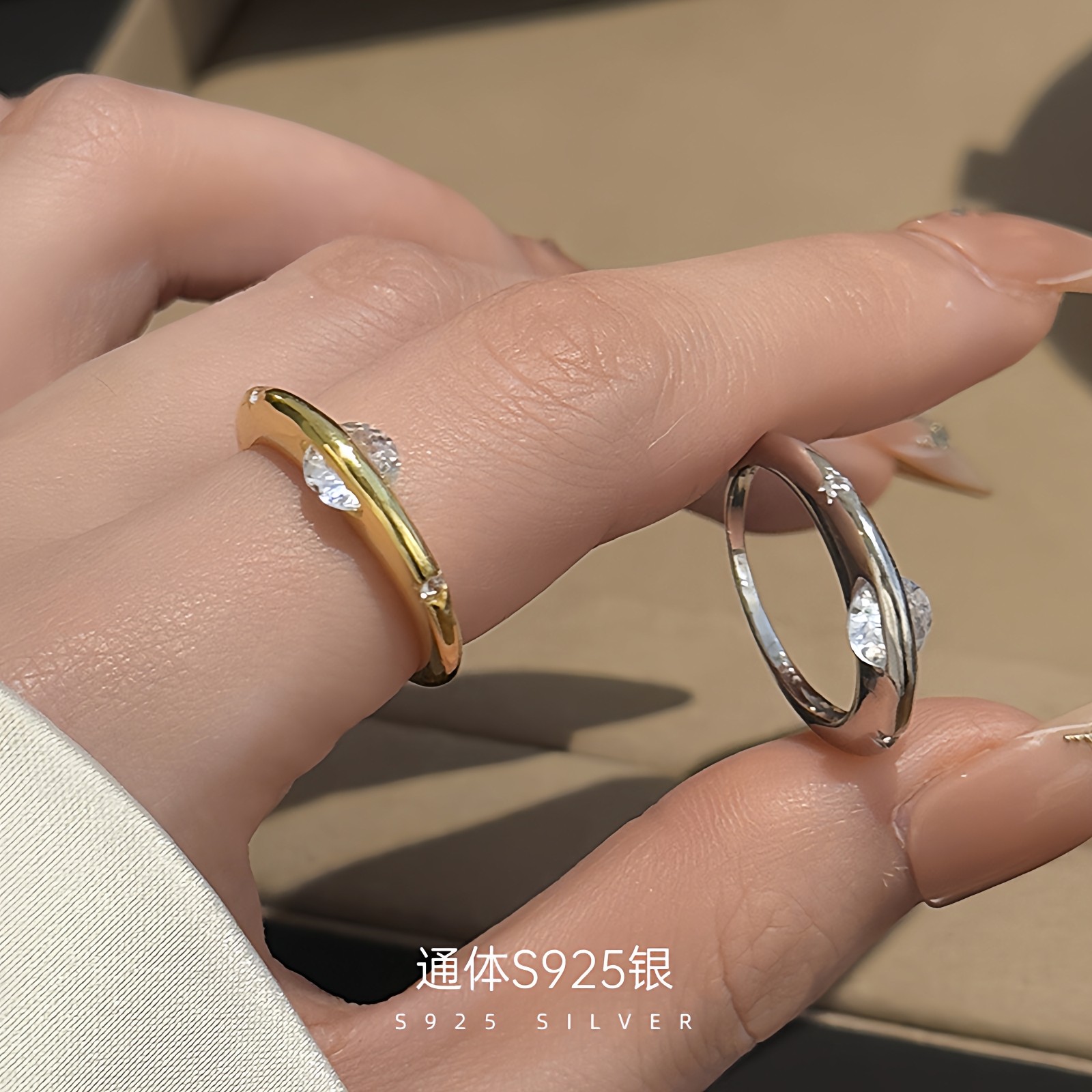【透莎】可转动锆石925纯银戒指女小众设计时尚个性女生闭口指环