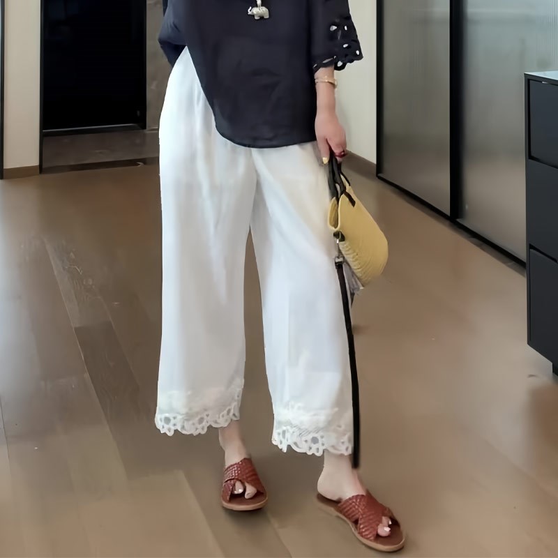 白色休闲蕾丝边h亚麻阔腿裤女2025夏季新款时尚显瘦百搭通勤直筒