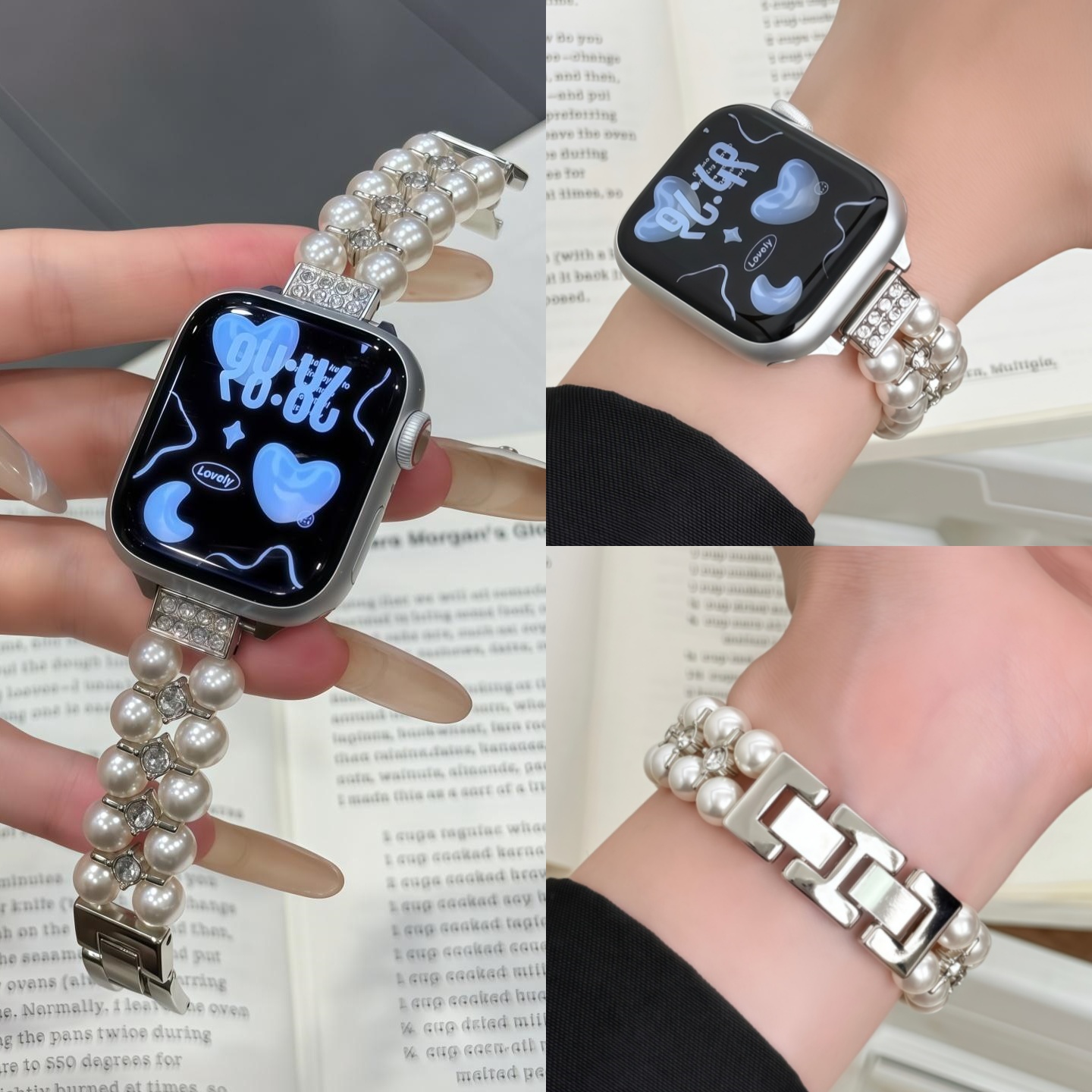 适用苹果iwatch闪钻珍珠链表带