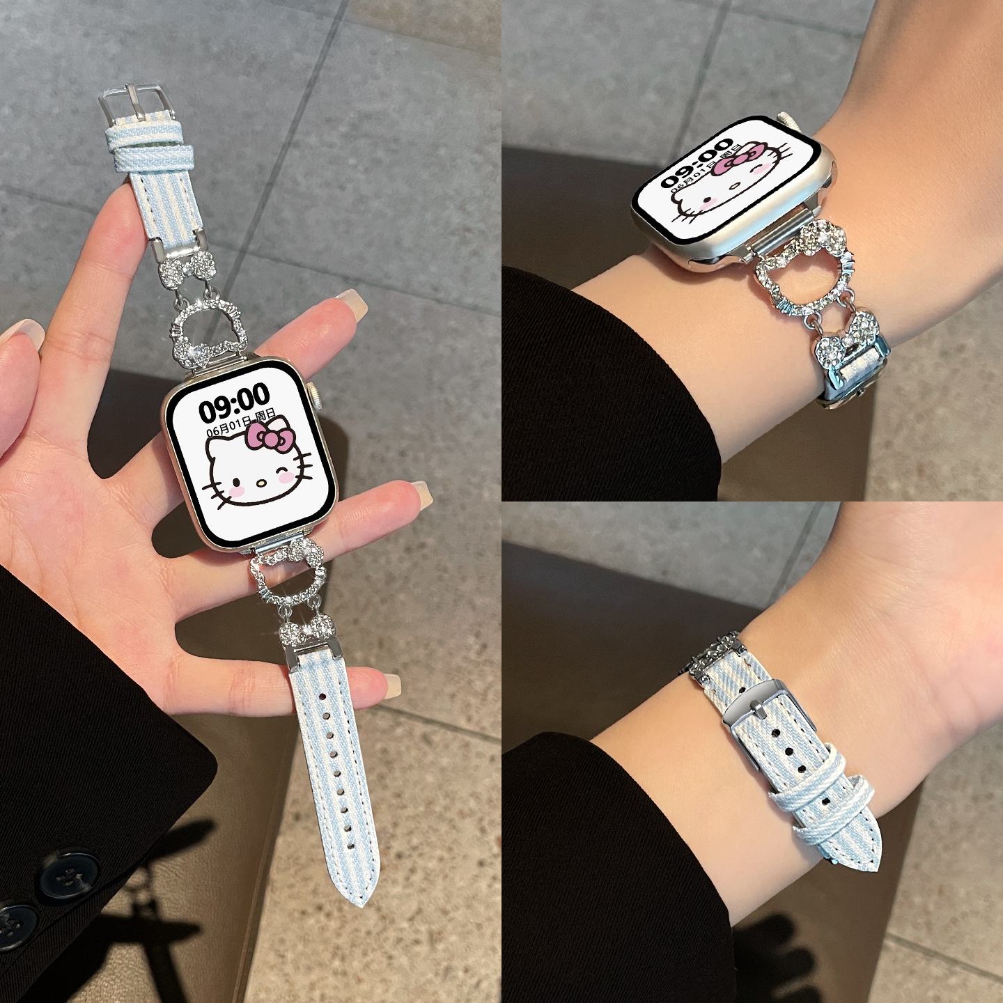 适用苹果手表镶钻KT猫条纹表带