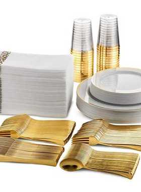 175个套装外贸餐具一次性餐盘金边盘酒杯刀叉勺PS硬水果镂空盘