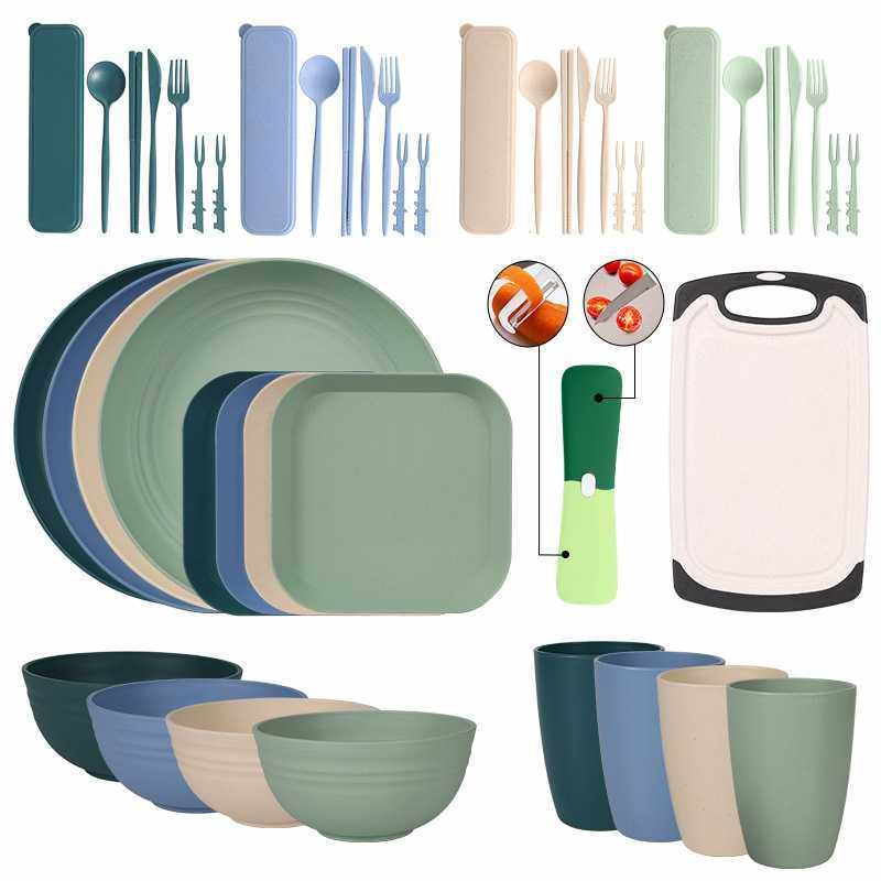 亚马逊小麦秸秆碗碟盘杯刀叉勺筷户外露营便携餐具砧板削皮刀套装,电子元器件市场,其它元器件,淘宝优惠券,粉丝福利购,淘宝优惠卷