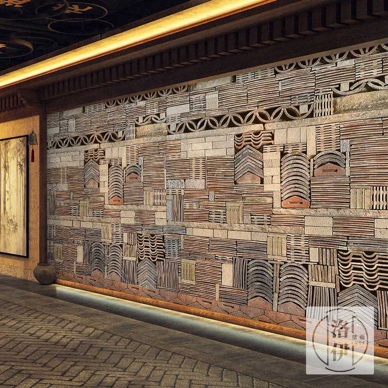 复古中式砖瓦壁纸中国古代仿古建筑饭店餐厅火锅店古典怀旧3d墙纸