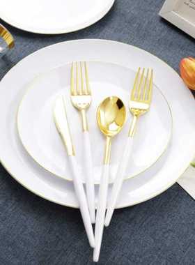 150PCS套装新款圆形硬塑料PS西餐白色金边盘刀叉勺酒杯黑底晚餐碟