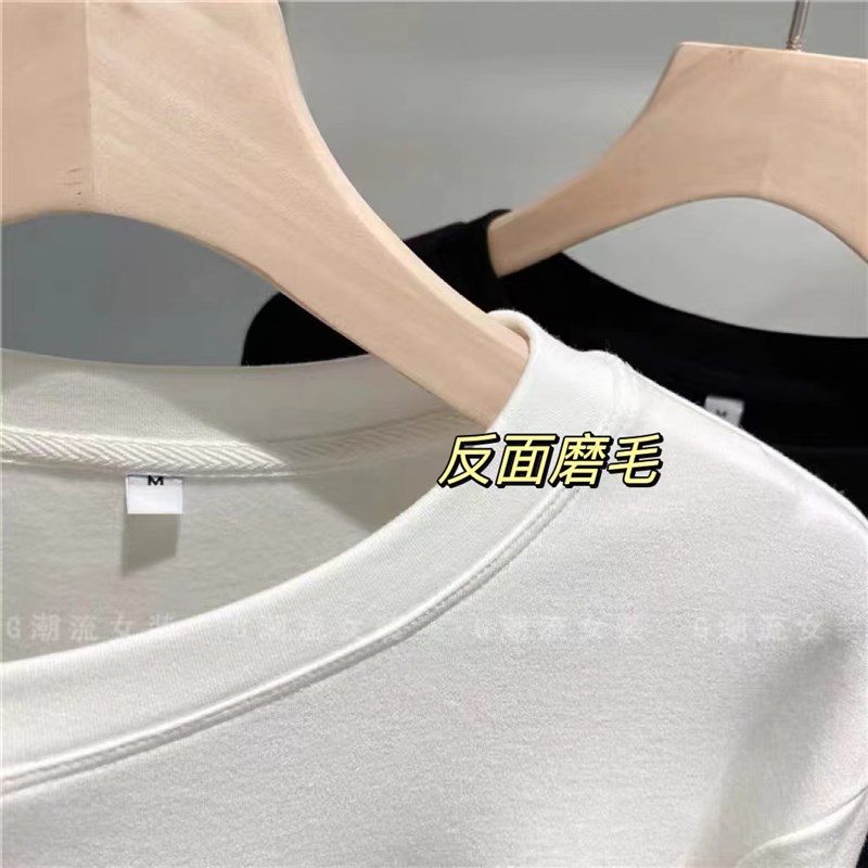 叠穿好物 加厚宽松前短后长圆领中长款T恤纯色磨毛打底Y衫女款秋