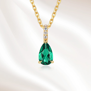 18K金培育钻石项链女万能扣真钻石宝石祖母绿吊坠水滴复古锁骨链