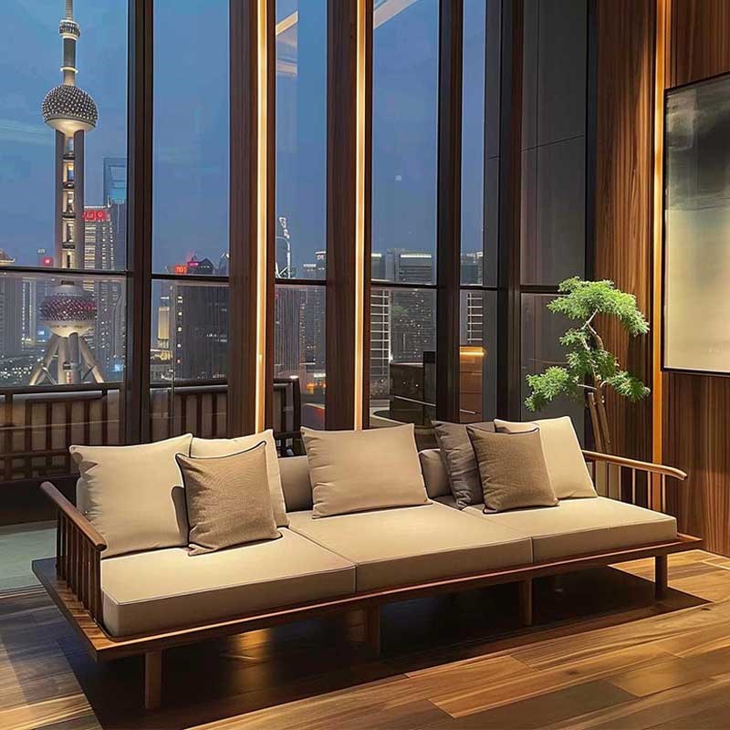 新中式2025黑胡桃木白蜡木沙发禅意酒店民宿样板U房办公室多人位