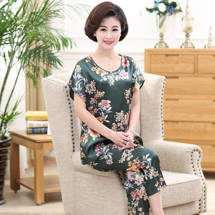 仿真丝U丝绸家居服套 妈妈装 中老年冰丝睡衣女夏季 碎花短袖 七分裤