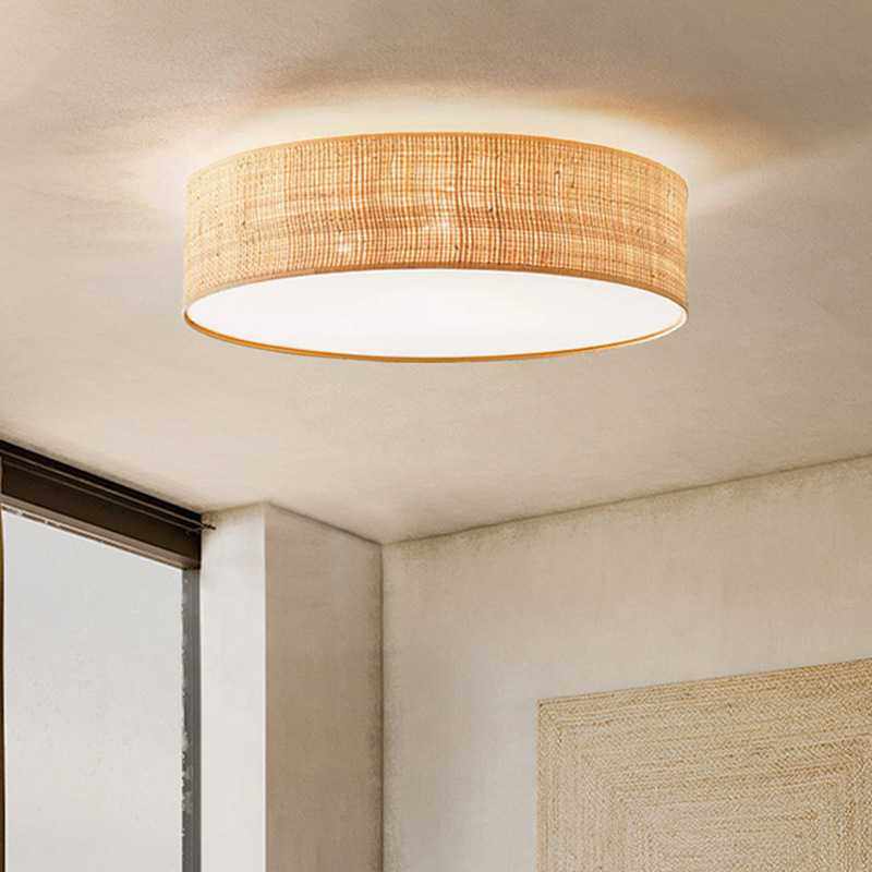 日式吸顶灯复古侘寂风客厅卧室民宿主卧灯创意个性拉菲草藤艺灯具