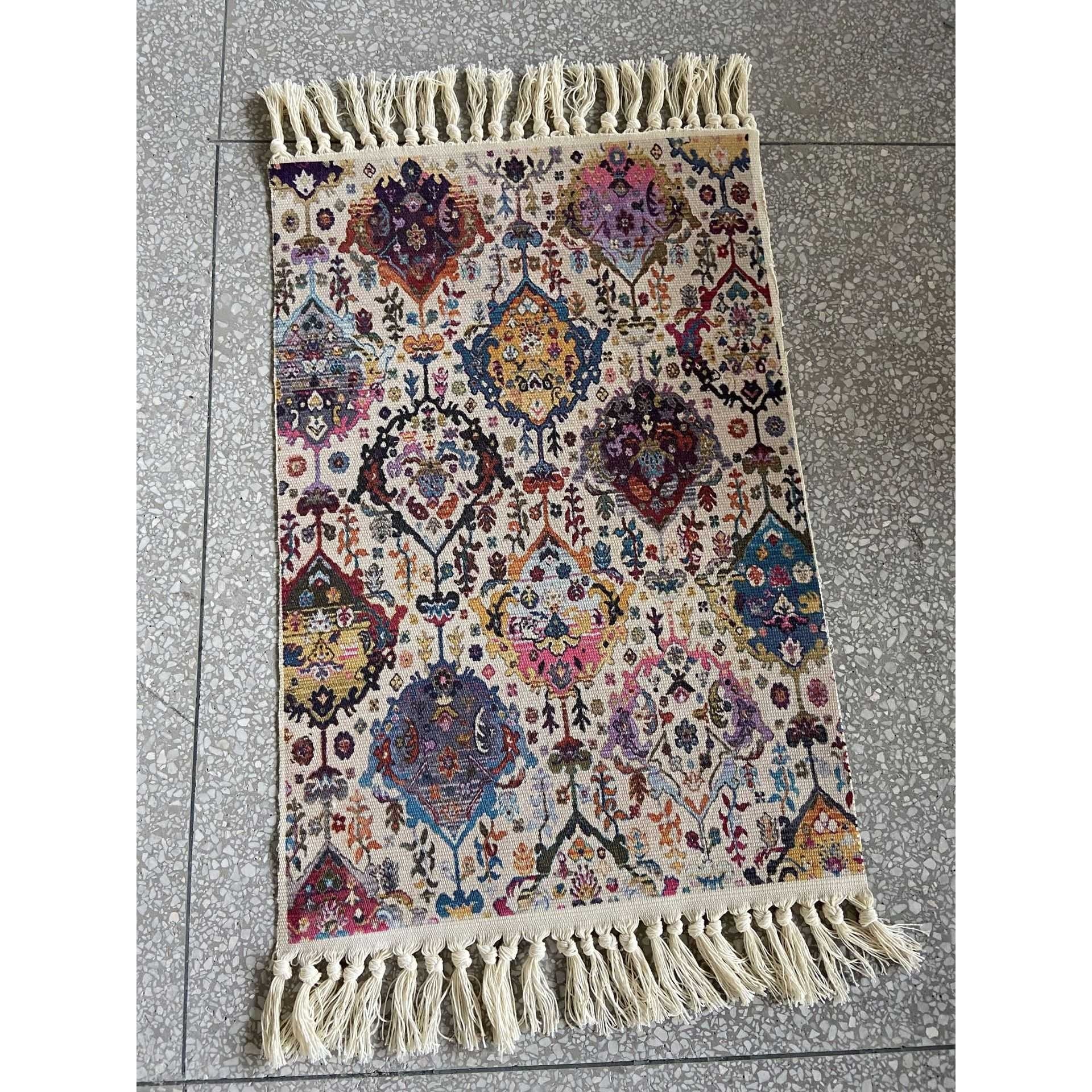 跨境美式波希米亚彩色多色民族风手工打结流苏棉涤棉麻感地毯地垫