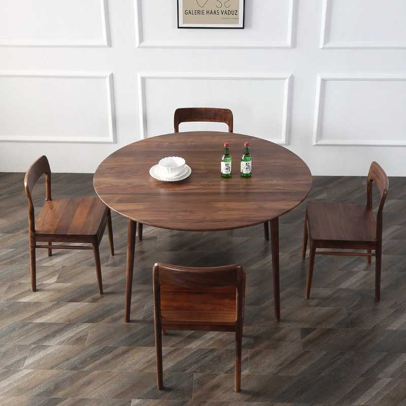 北欧轻奢北美黑胡桃木圆餐桌椅组合日式全实木饭桌家用现代简约