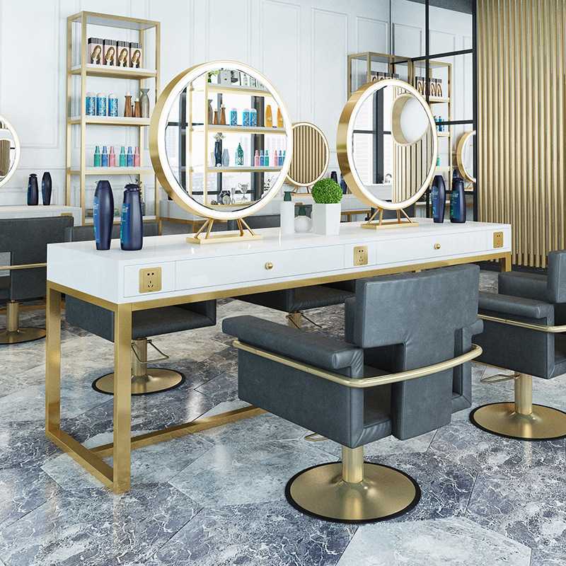 北欧轻奢铁艺化妆桌网红理发店发廊梳妆台影楼化妆室化妆桌椅组合