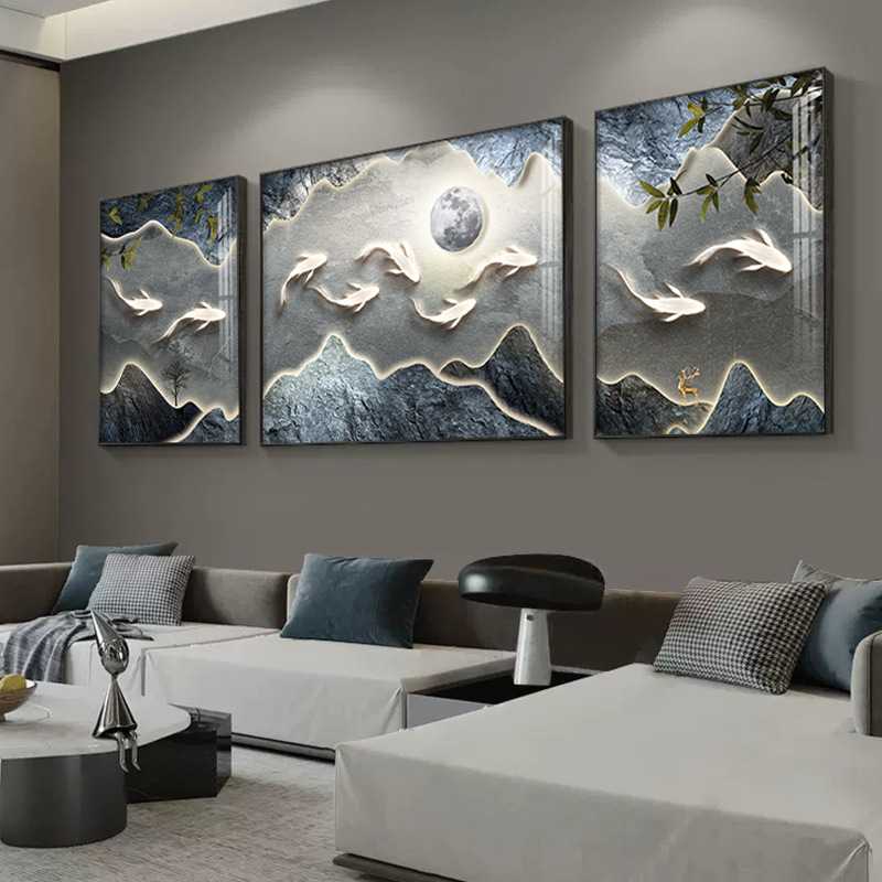 现代简约九鱼图客厅装饰画现代中式抽象山峰三联画轻奢墙画沙发画