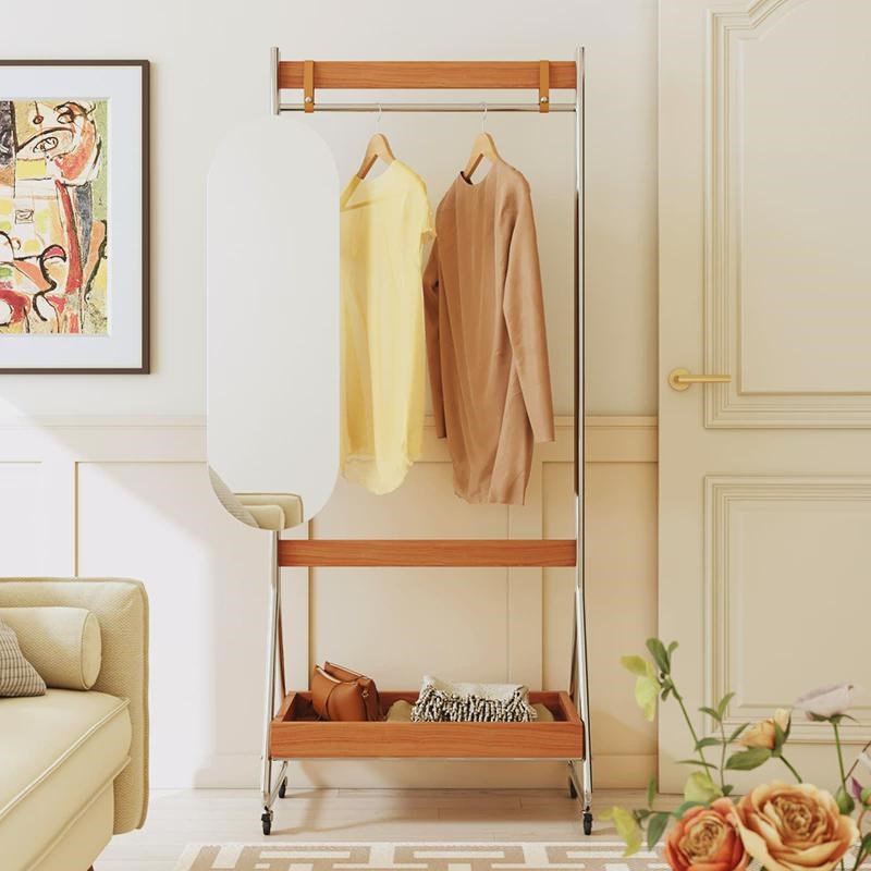 可移动衣帽架全身镜一体落地卧室小户型K不锈钢带穿衣镜挂衣架实