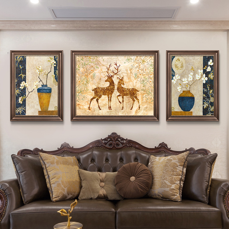 欧式客厅装饰画卧室壁画沙发背景墙三联挂画餐厅美式油画福鹿双全图片