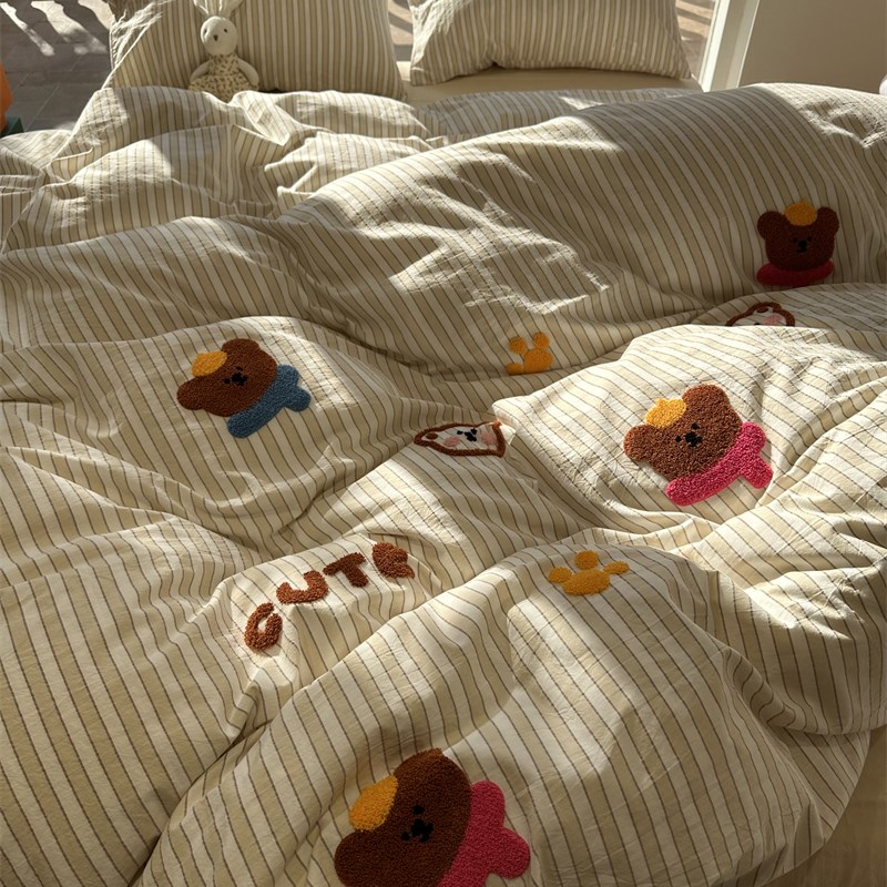 卡通可爱水洗棉毛巾绣趴趴s猫四件套1.5m1.8米少女床单被套三件套