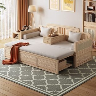 白蜡木新中式全实木推拉罗汉床小户型储物床现代简约多功能沙发床