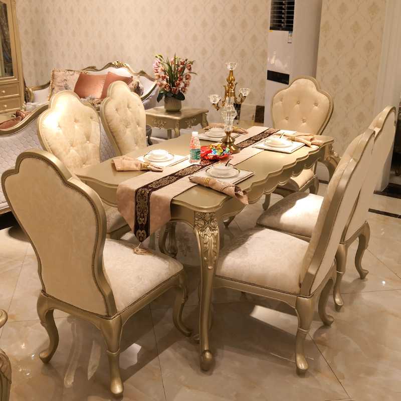 美式实木长方形餐桌椅组合简欧轻奢香槟色小户型家用餐桌饭桌餐椅