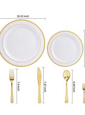 150PCS白色圆形硬塑料PS仿瓷西餐镂空盘金刀叉勺迷你叉晚餐碟外贸