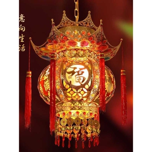 中式吊灯宫灯大红春节婚庆水晶阳台大门口插电乔迁旋转led灯笼灯