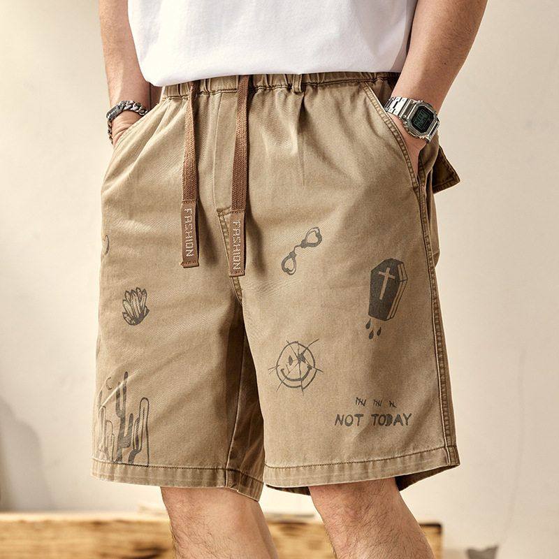 高端美式复古涂鸦休闲短裤男夏季重磅水洗纯棉宽松工装五分裤子男,男装,短裤,淘宝优惠券,粉丝福利购,淘宝优惠卷