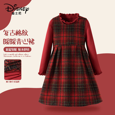 迪士尼女童裙子红色长裙洋气时髦毛呢裙冬装新款拜年服儿童公主裙