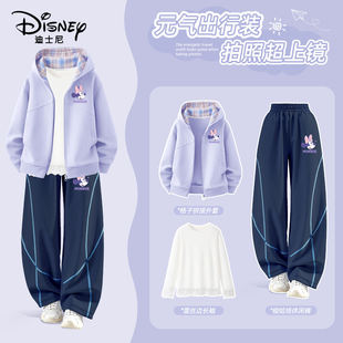 迪士尼儿童套装春装洋气时髦连帽外套小女孩休闲运动装女童弯刀裤