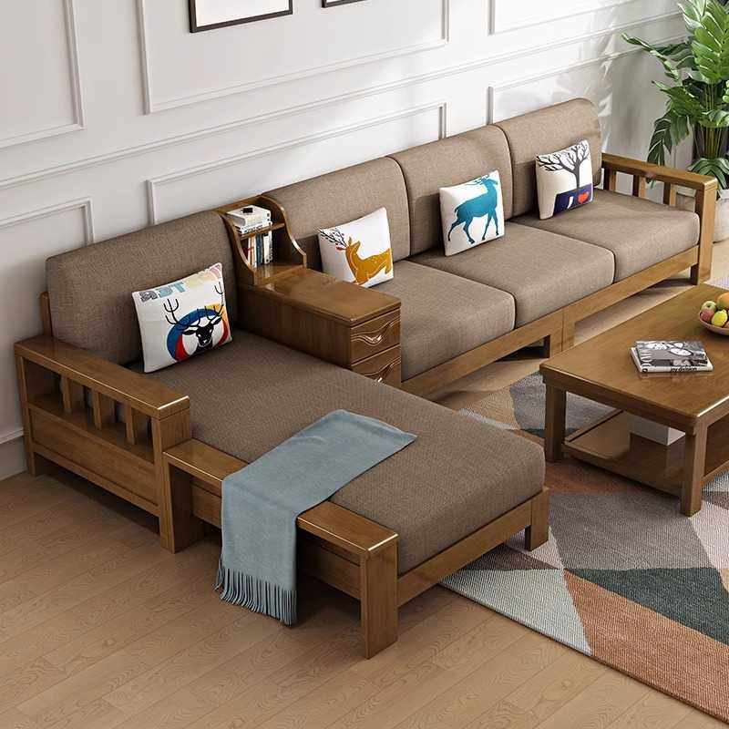 实木沙发现代简约新中式小户型转角贵妃沙发组合客厅冬夏两用家具